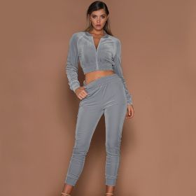 Women Trousers Long Sleeves Solid Zipper Bundle (Color: Gray, size: 3XL)